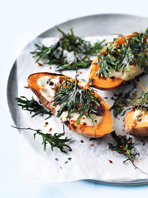 In Season | Baked Sweet Potatoes with Hummus and Kale