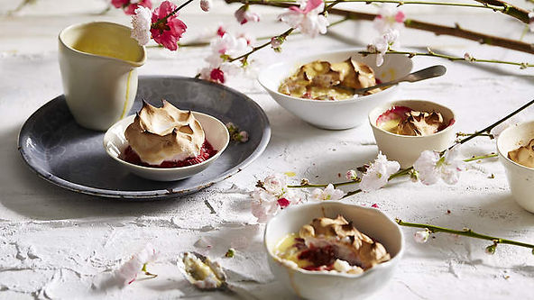 Italian Meringue Rhubarb Soufflé with Black Pepper Custard